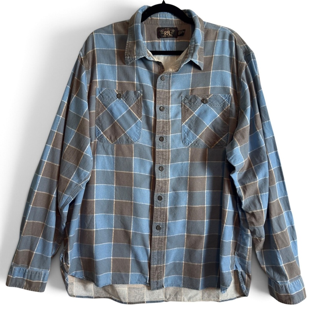 RRL Double RL Ralph Lauren Mens XXL Plaid Work Shirt Blue Gray Cotton Flawed
